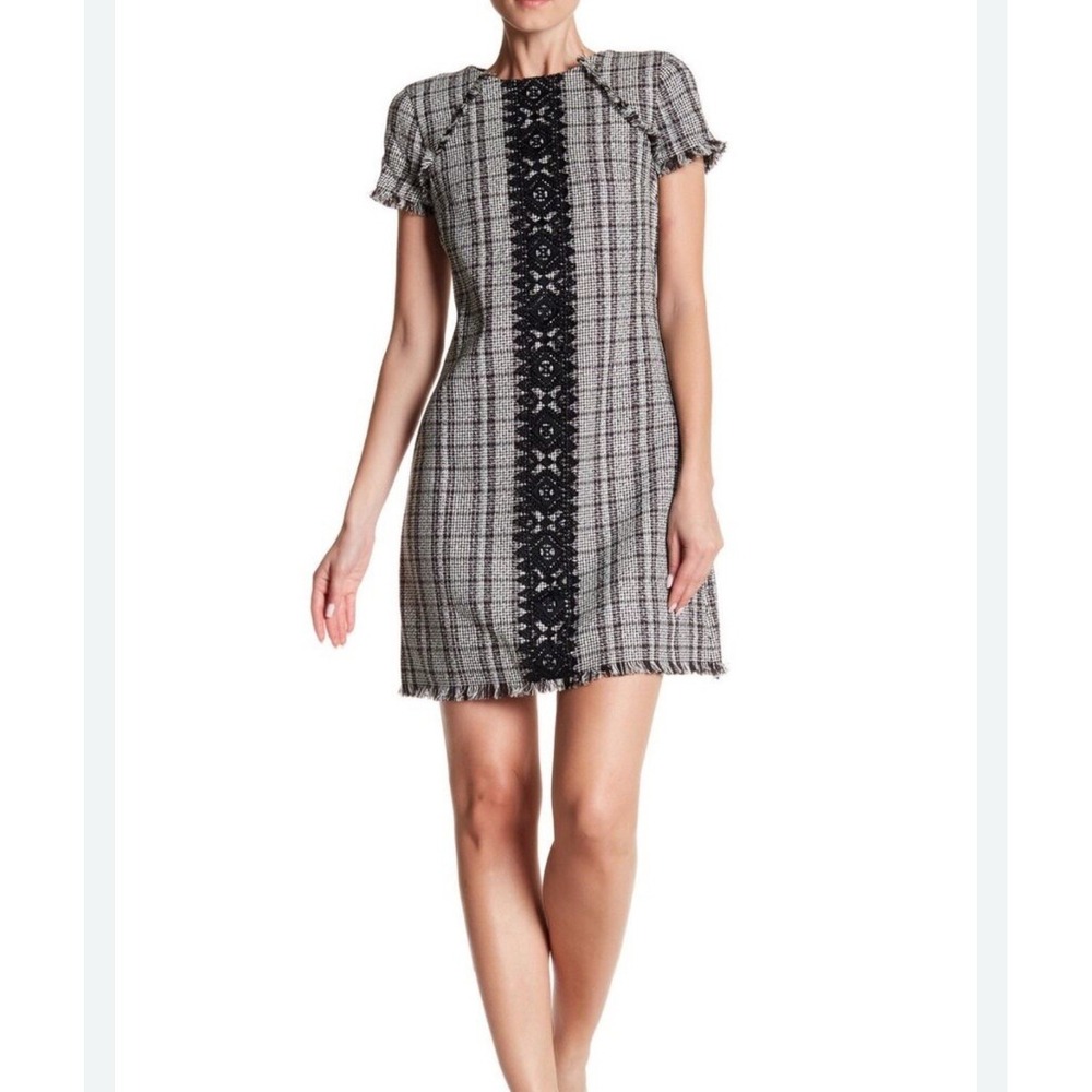 ELIZA J. TWEED DRESS Lace Accent Size 4 Black White‎ Checked Women's Fringe Hem